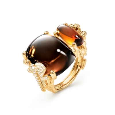 BoHo Ring Gul Tourmalin Rökkvarts Diamanter